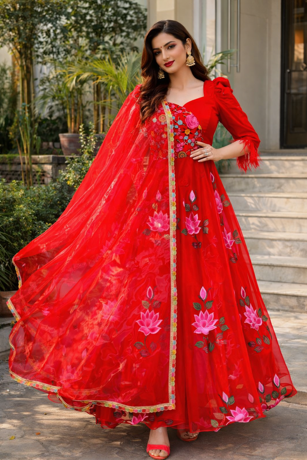 Red Hand Painted Anarkali – Lakhina Couture