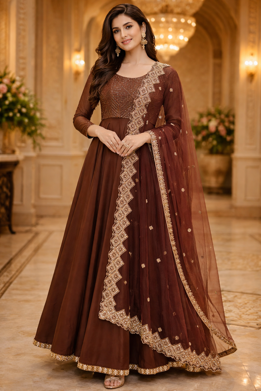 Chaandni Brown Anarkali – Lakhina Couture