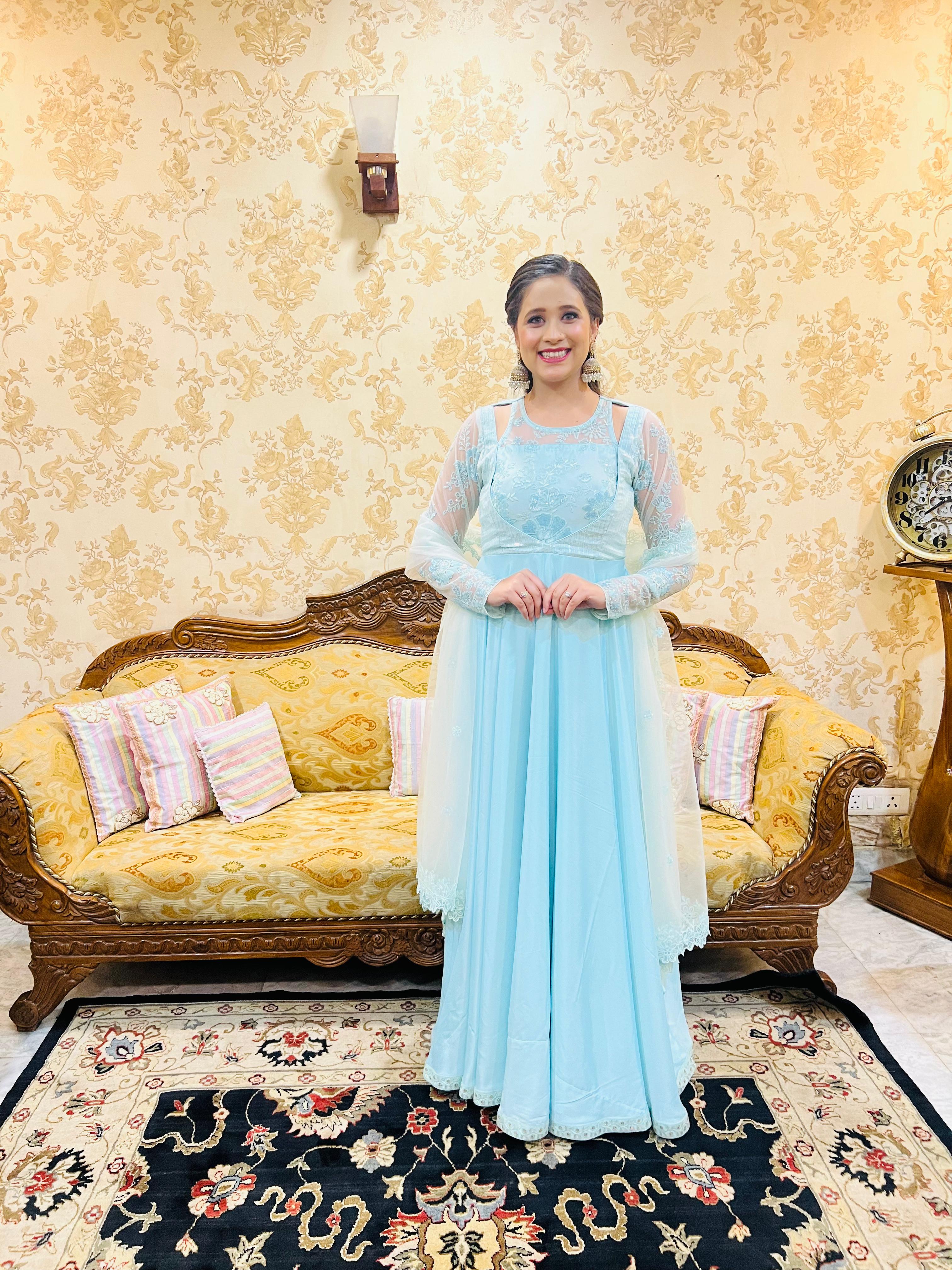 Sky Blue Sequin Anarkali – Lakhina Couture