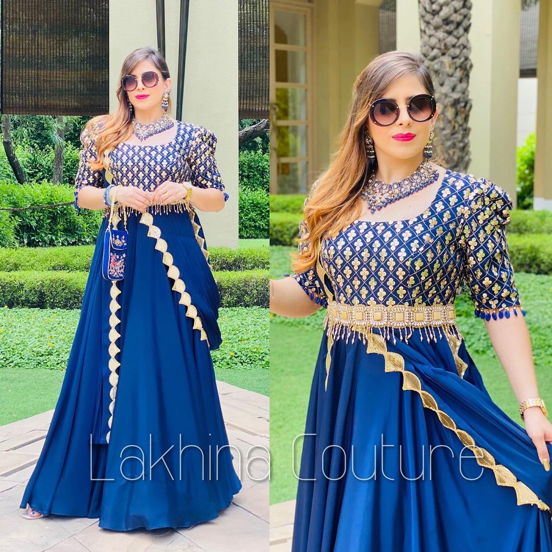 Navy Blue Drape Gown With Belt – Lakhina Couture