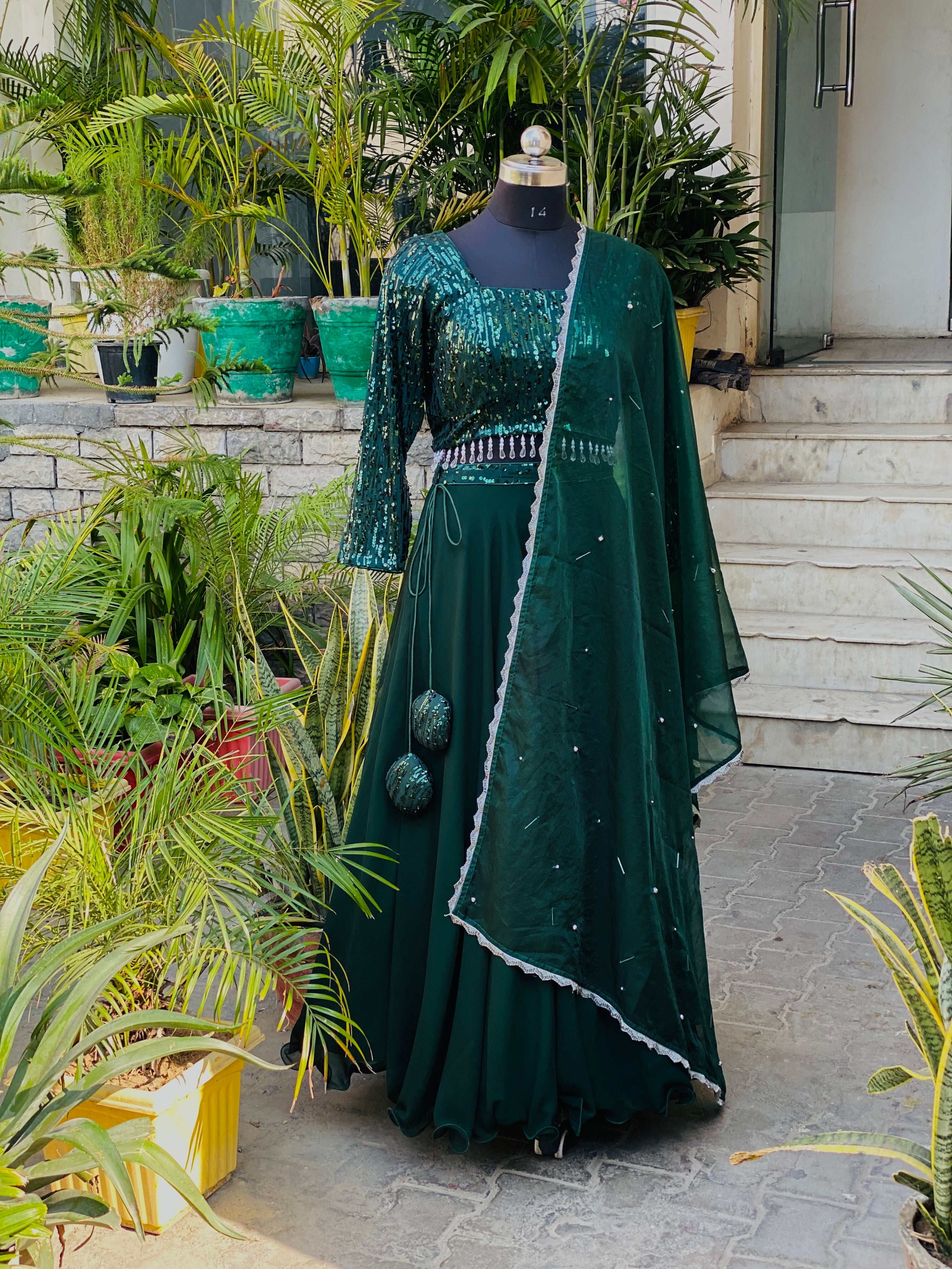 Bottle Green Georgette Lehenga Lakhina Couture Bottle Green Georgette Lehenga Lakhina Couture