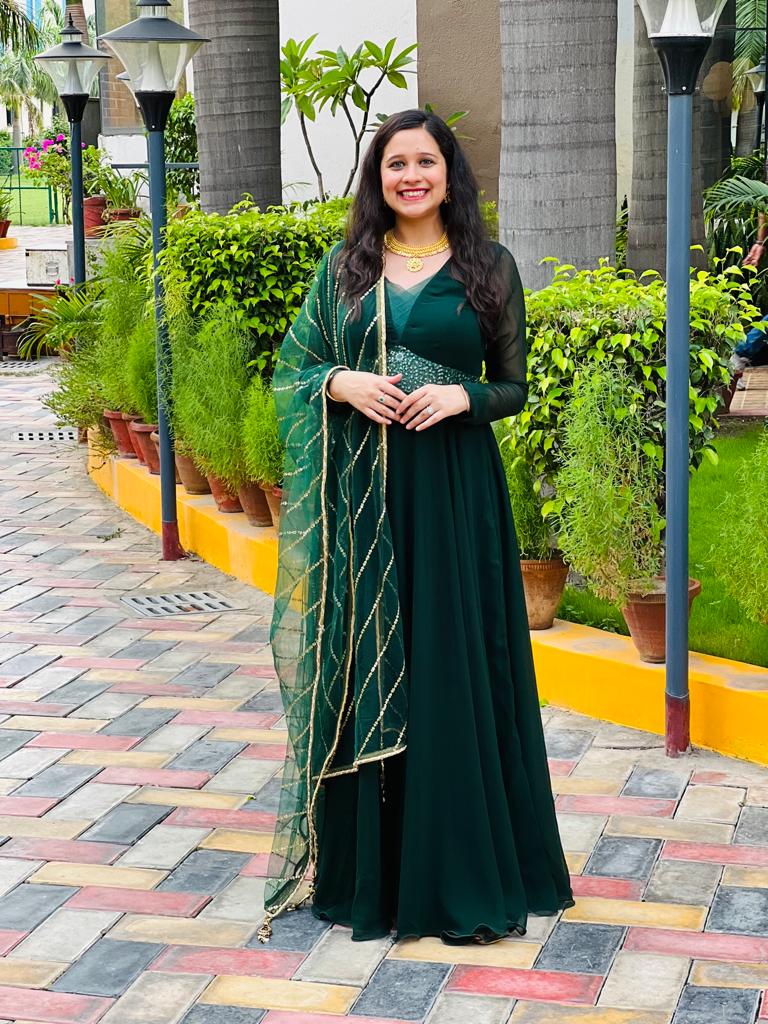 slim fit dress slacks Bottle Green Embroidered Anarkali – Lakhina Couture