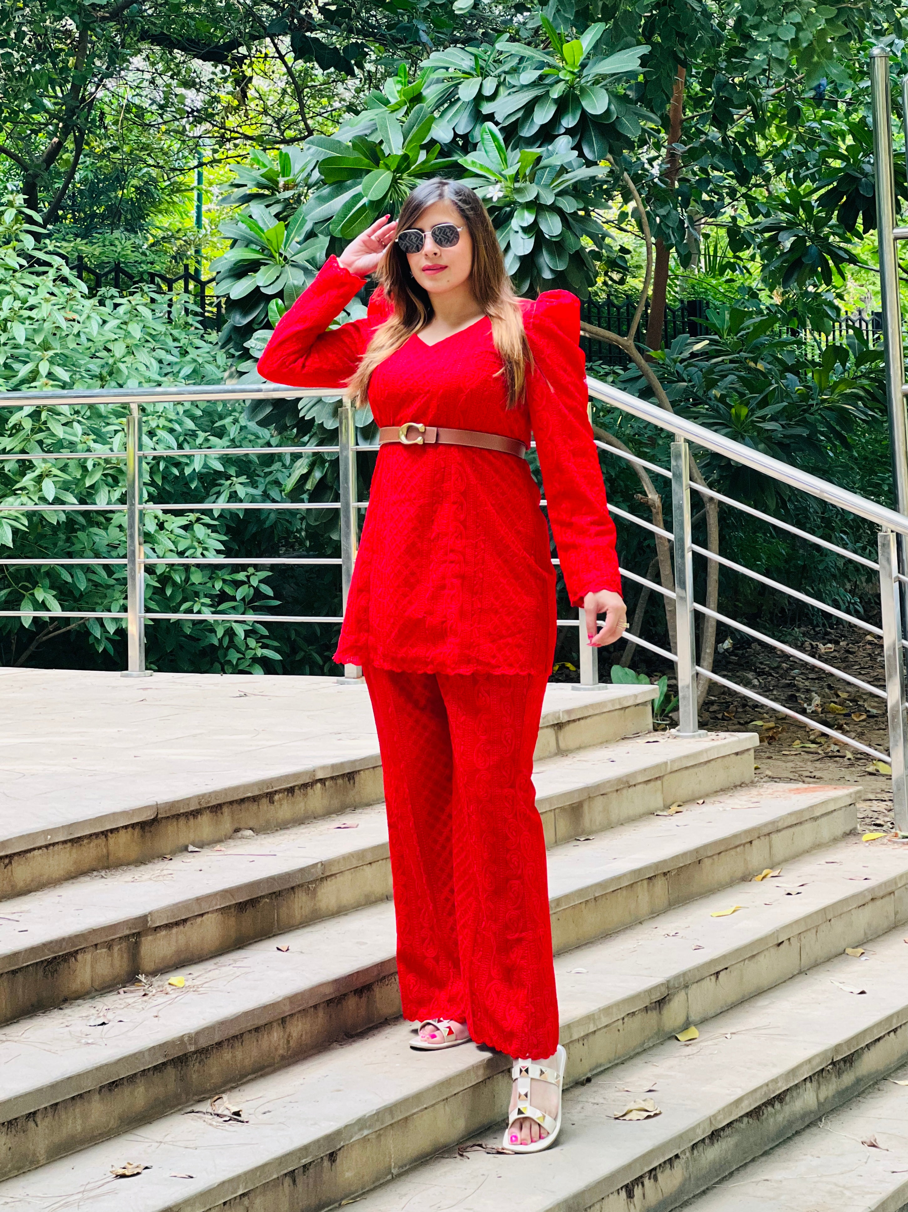 Red Jumpsuit With White Blazer Red Chikankari Co-Ord Set – Lakhina