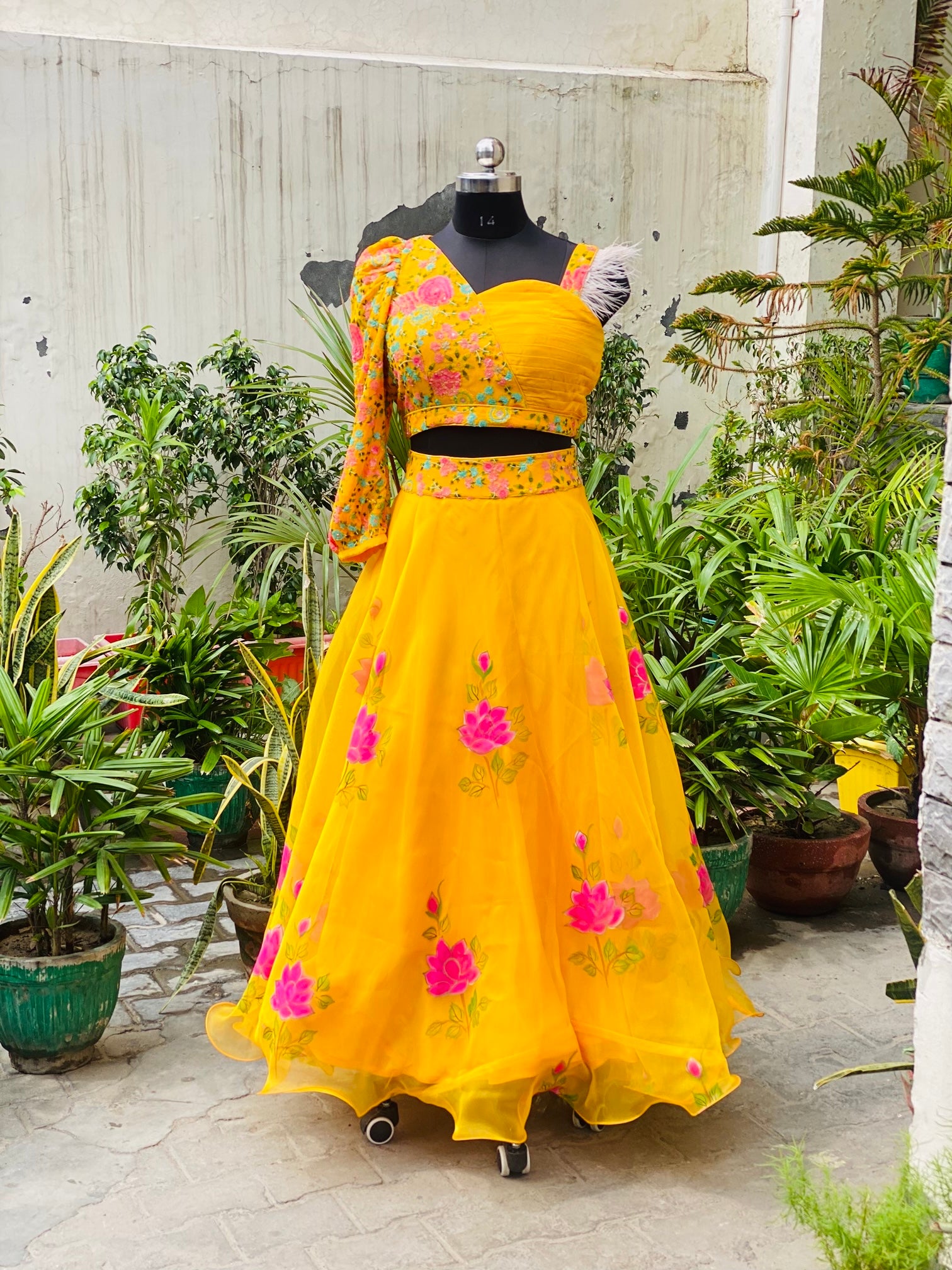 Yellow Hand Painted Organza Lehenga – Lakhina Couture
