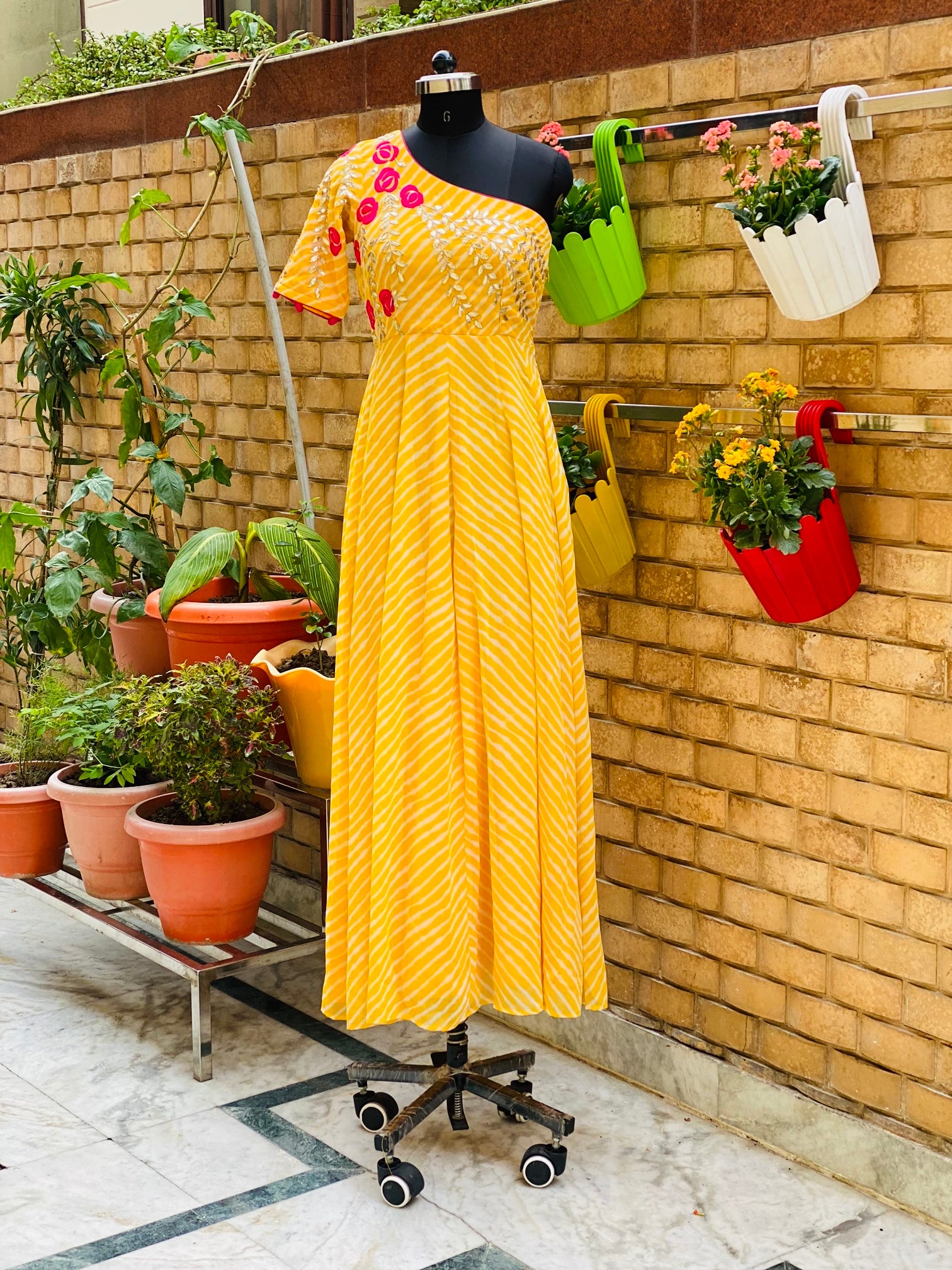 Yellow Designer Leheriya Gown – Lakhina Couture - Main Image