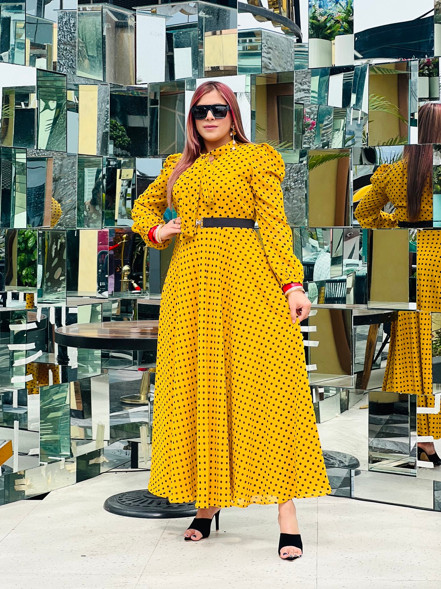 burgendy dress Yellow Polka Dot Maxi – Lakhina Couture