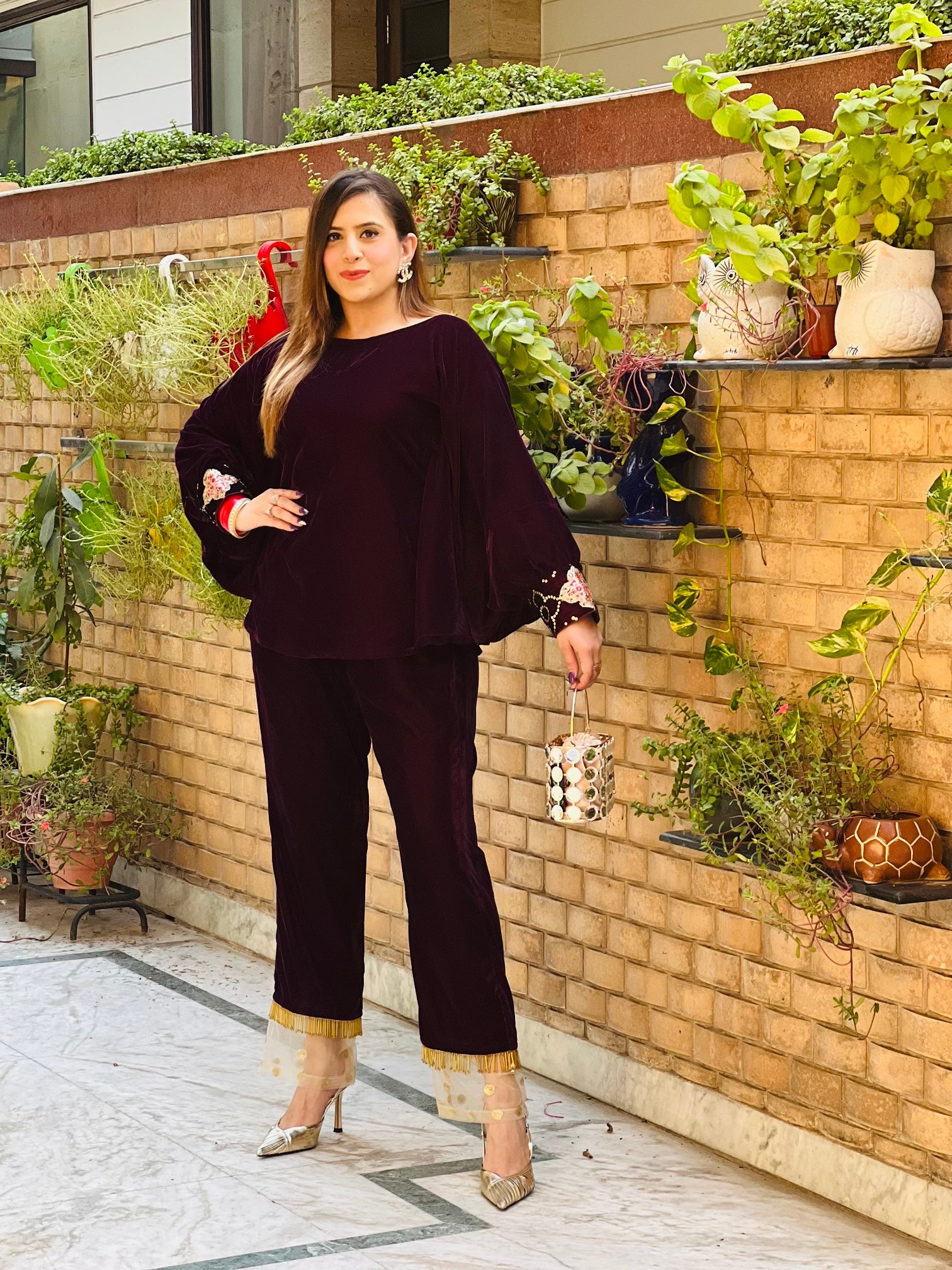 Wine Velvet Co-Ord Set – Lakhina Couture