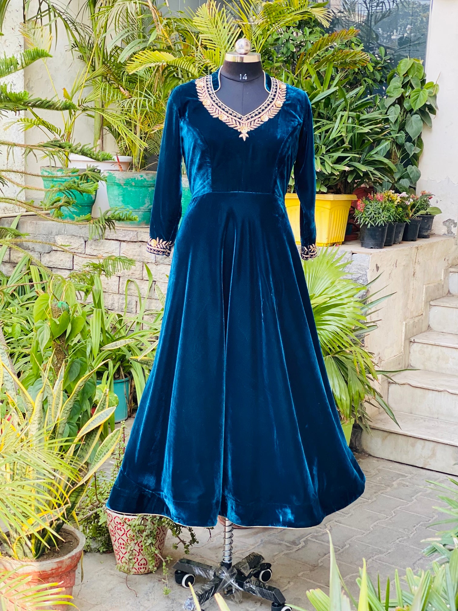 Peacock Blue Velvet Anarkali – Lakhina Couture
