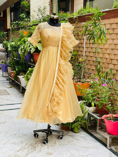 Golden Gown With Ruffle Dupatta – Lakhina Couture