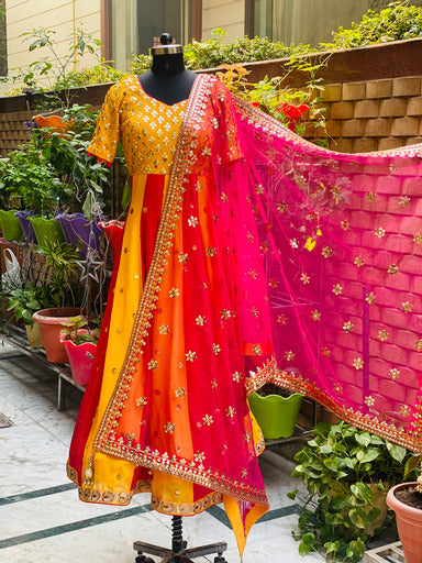 fitted lace wedding dress Yellow Pink Georgette Anarkali – Lakhina Couture