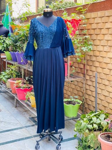 maxi dress from saree Navy Blue Saree Gown – Lakhina Couture