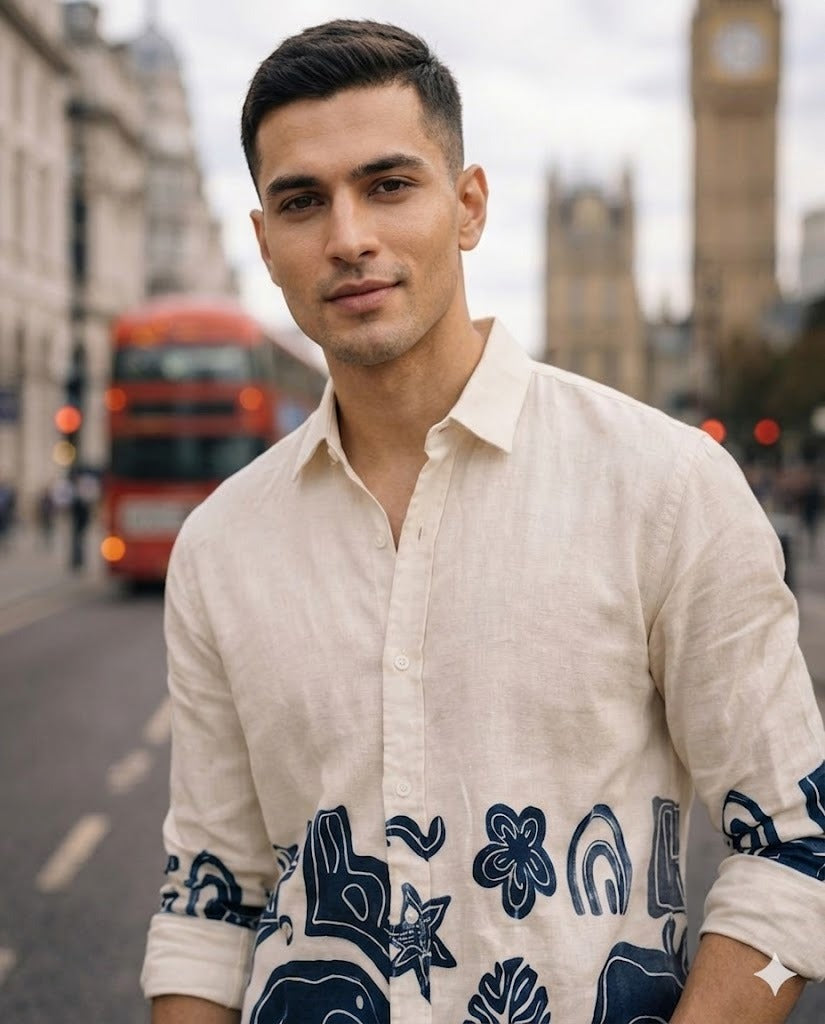 Cream Linen Shirt With Abstract Graphic Print