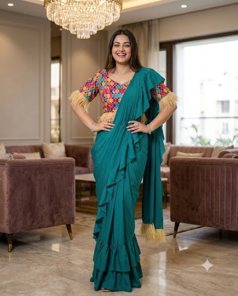 Multicolored Teal Green Saree