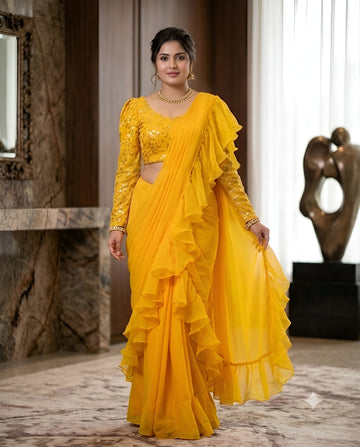 Yellow Ruffled Drape Saree