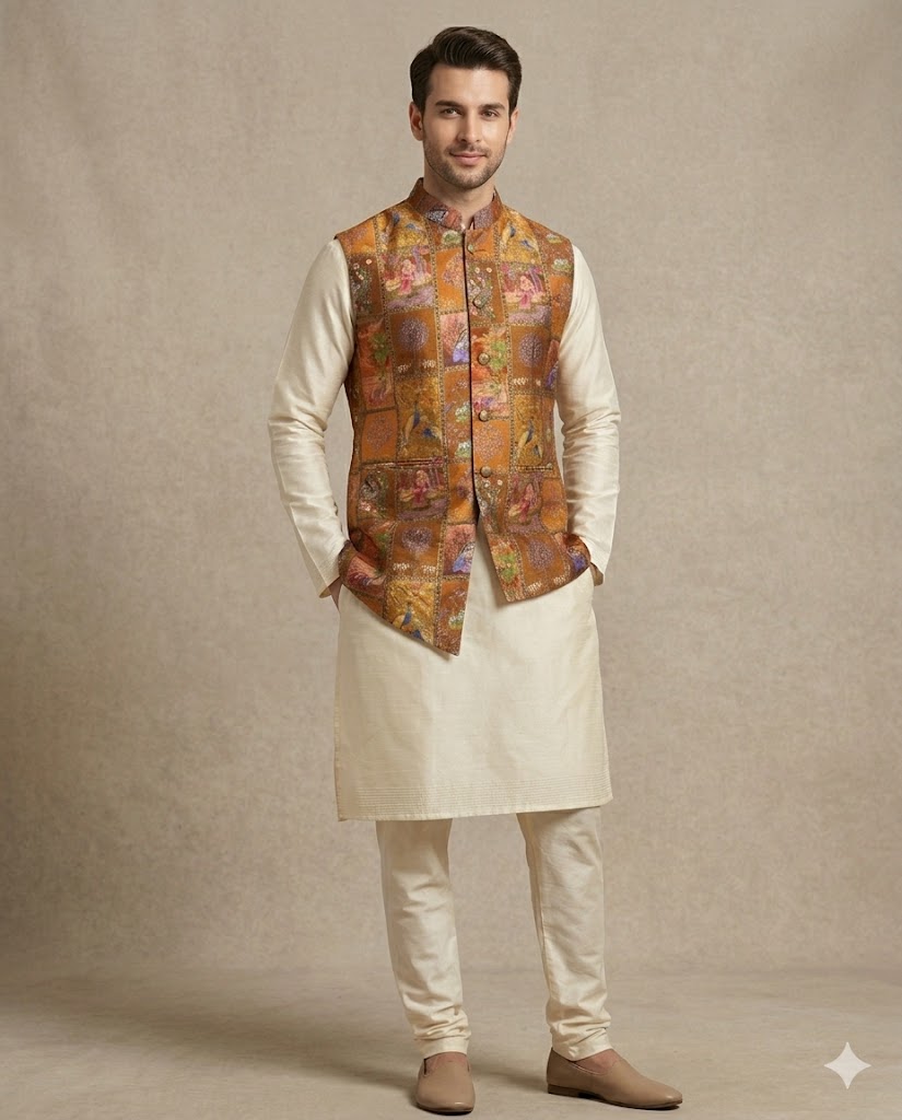 Cream Kurta with Designer Waistcoat