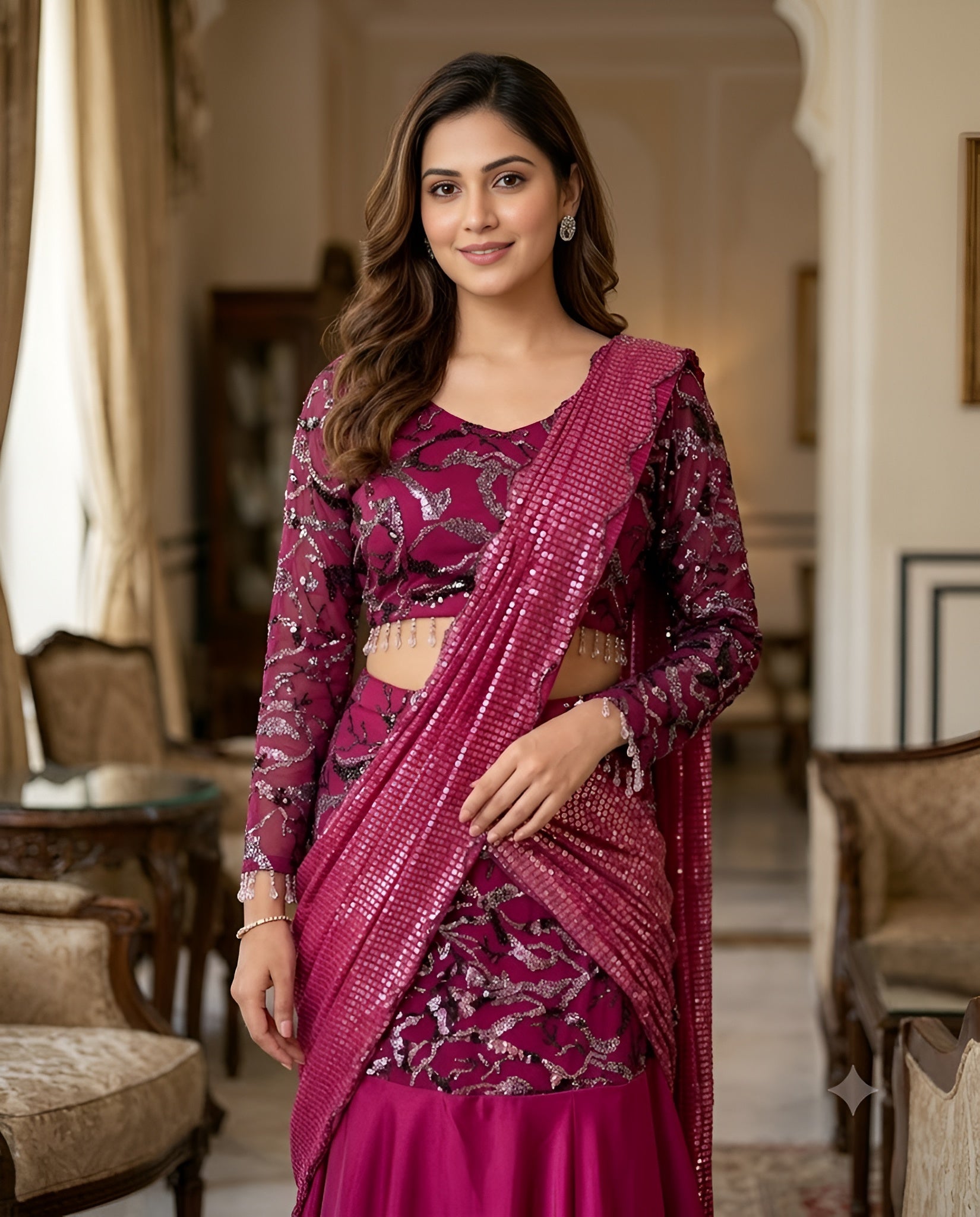 Wine Sequin Saree