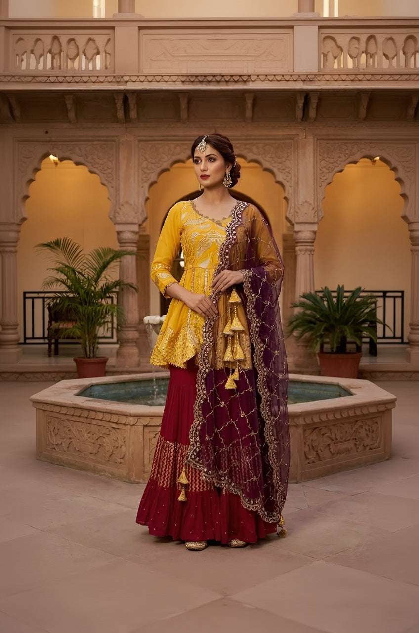 Woman in a yellow and maroon traditional outfit standing in an ornate courtyard.