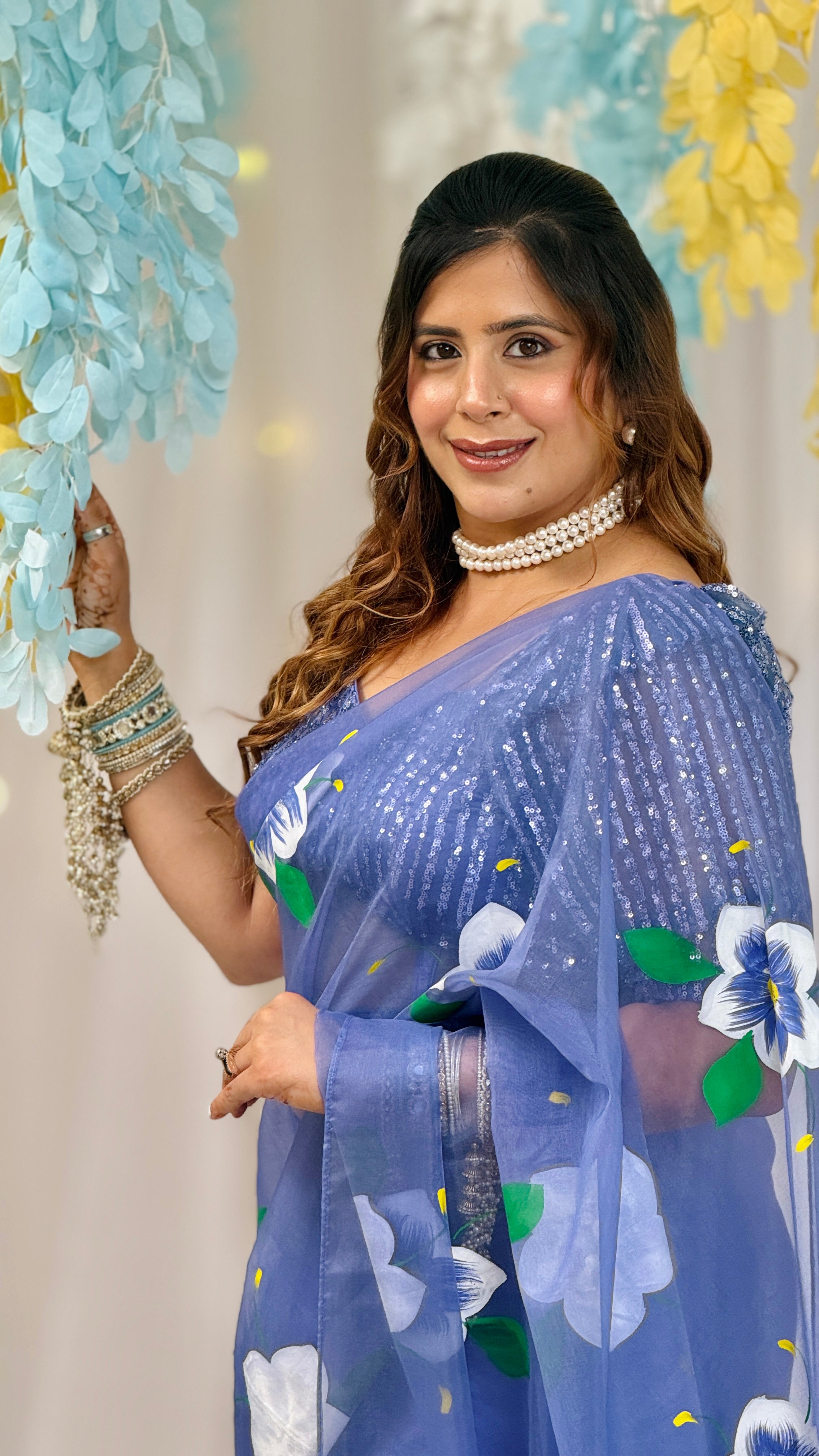 Blue Pea Handpainted Saree with Sequins Blouse