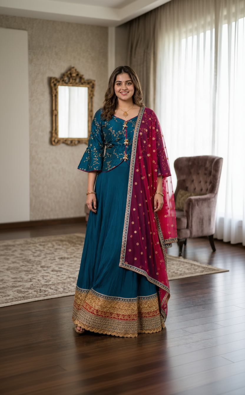 Woman in a traditional blue and red outfit standing in a room with a mirror and chair.