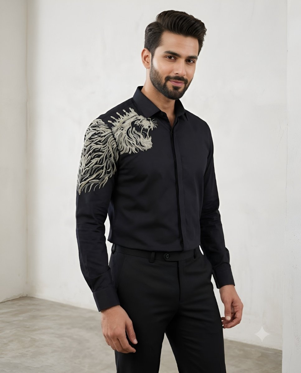 Lion Crest Black Embroidered Shirt
