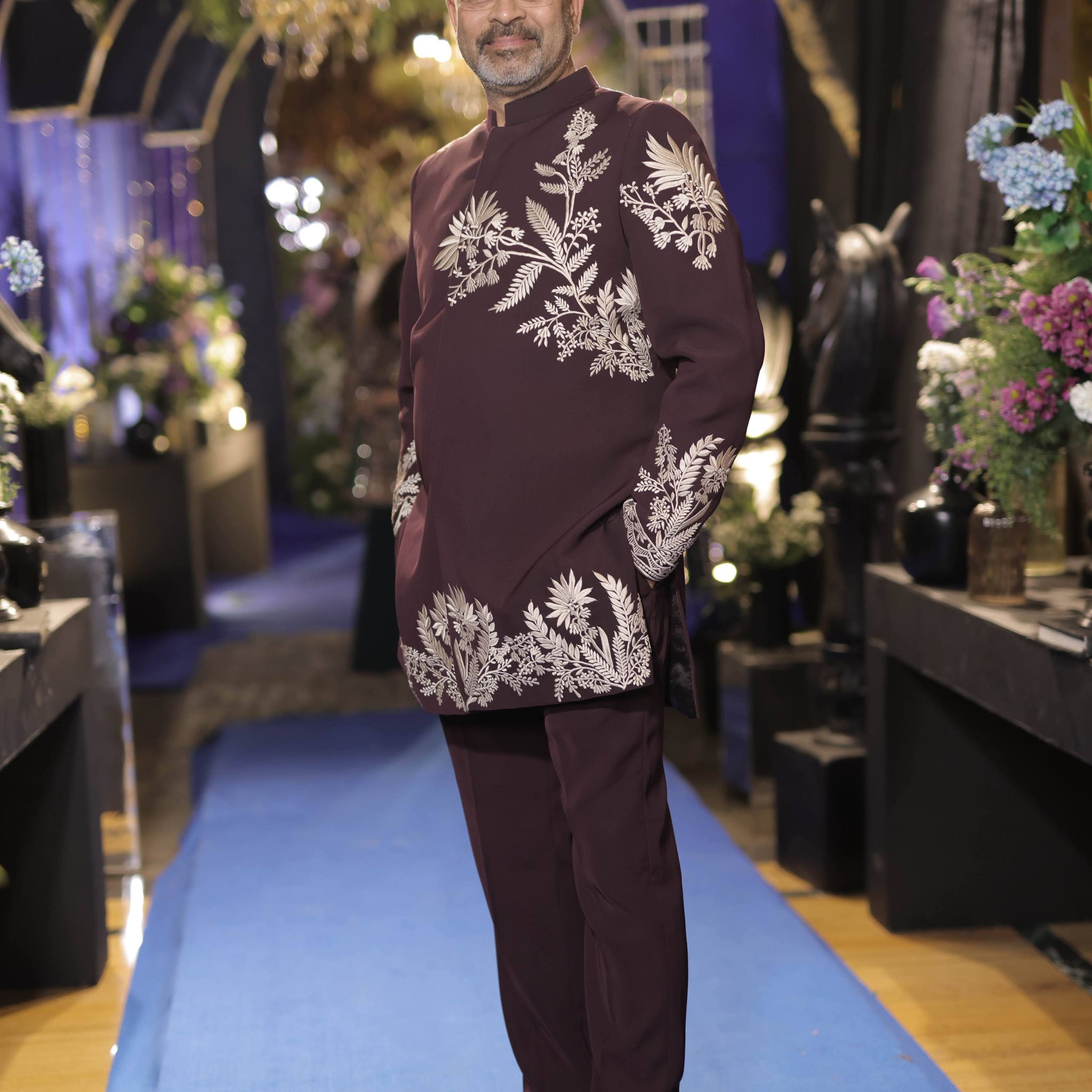 Wine Embroidered Indowestern