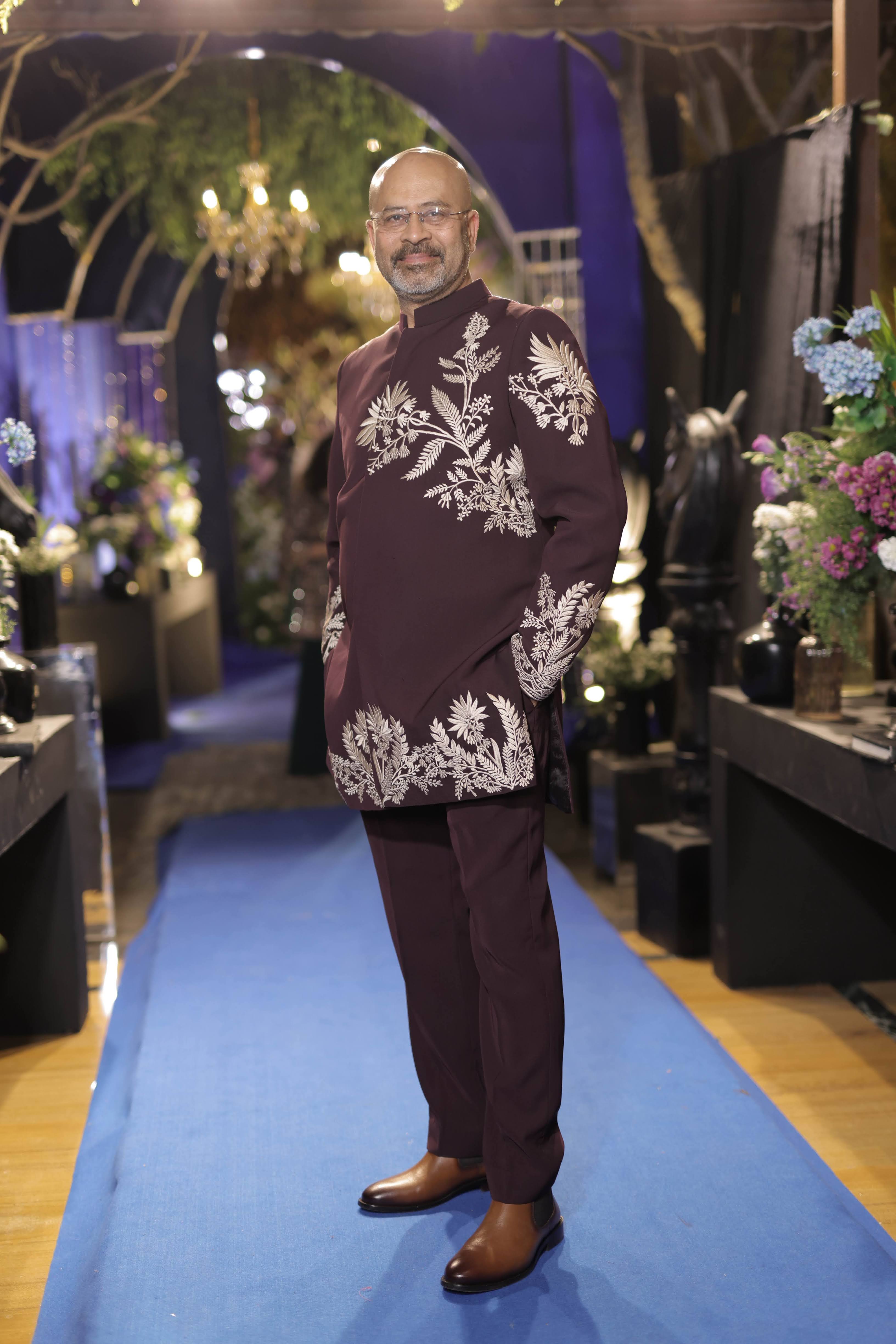 Wine Embroidered Indowestern