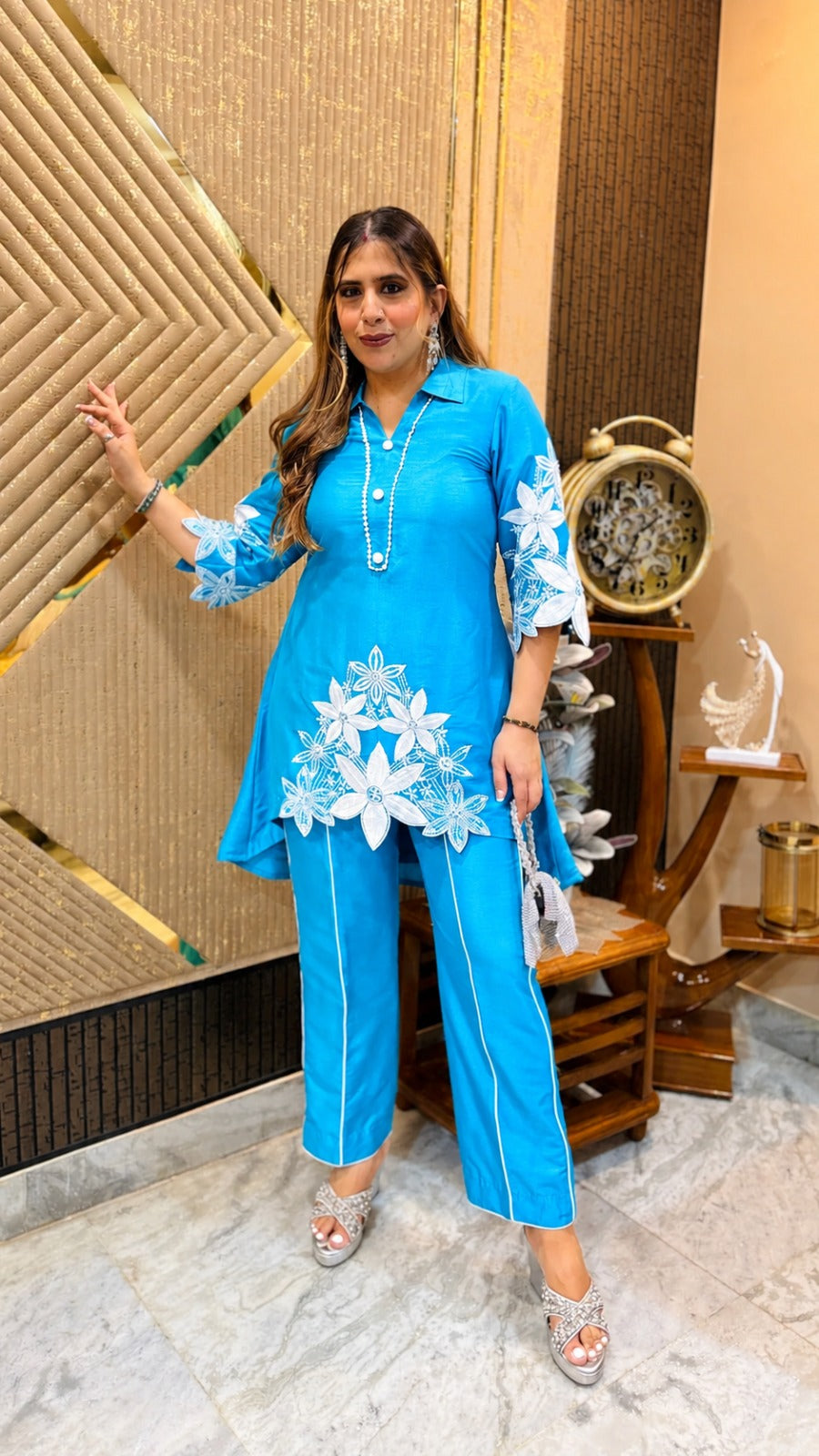 Azure Blossom Embroidered Co-Ord Set