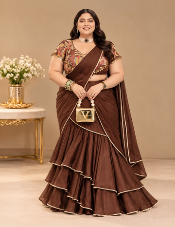 Cocoa Aviary Brown Ruffle Saree