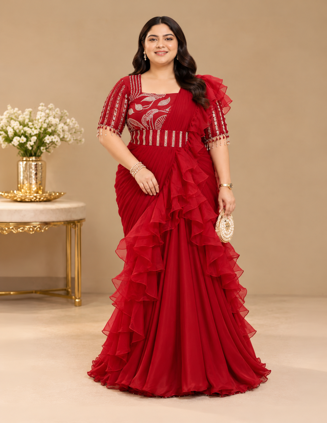 Crimson Cascade Maroon Ruffle Saree