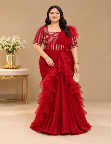 Crimson Cascade Maroon Ruffle Saree