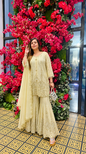 Noor Cascade Lemon Yellow Sharara Set