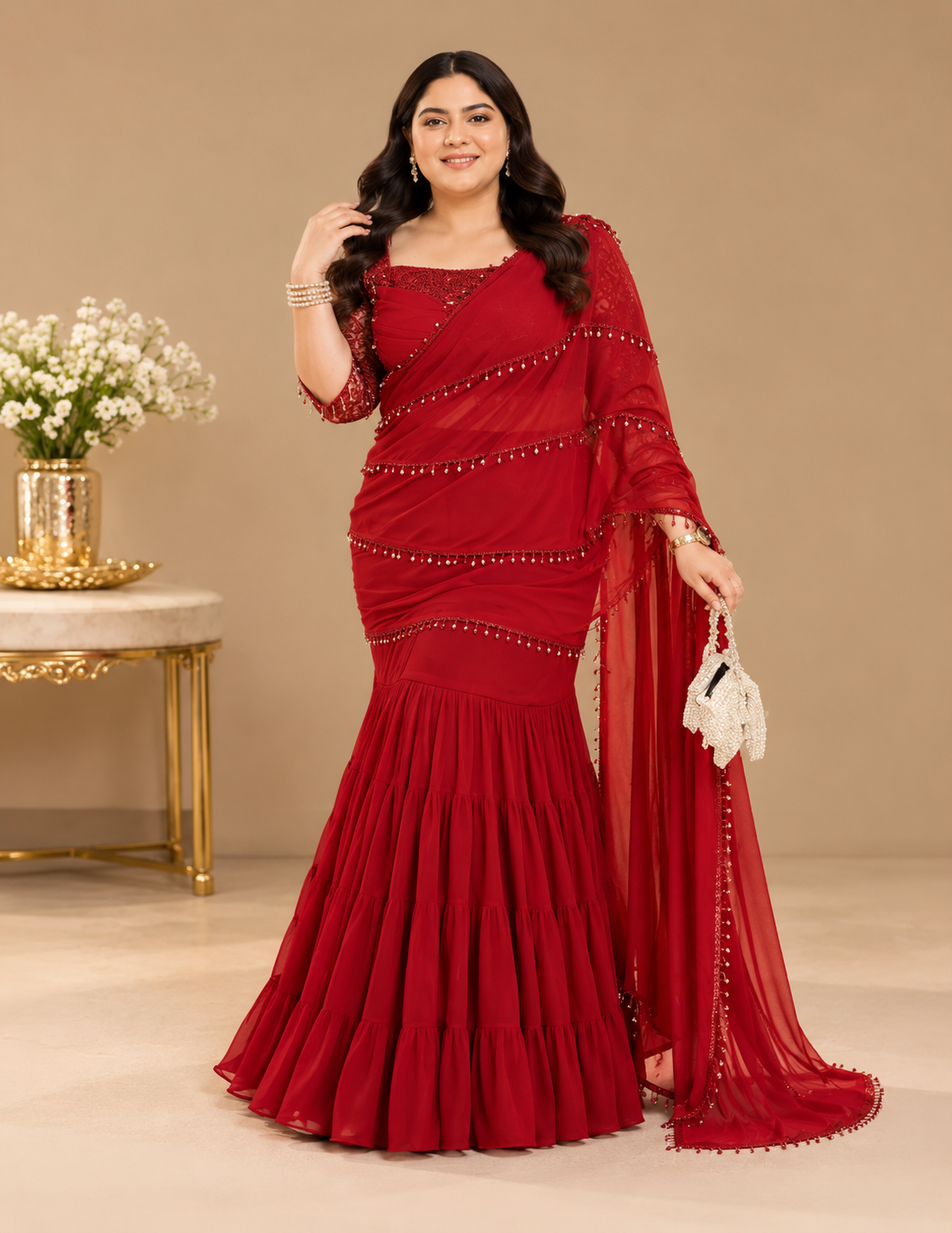 Crimson Tiers Maroon Ruffle Saree