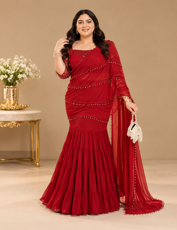 Crimson Tiers Maroon Ruffle Saree