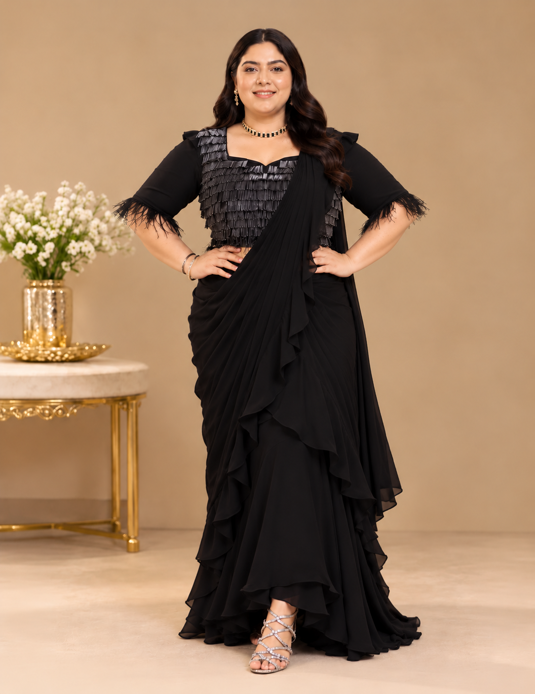 Midnight Cascade Black Ruffle Saree
