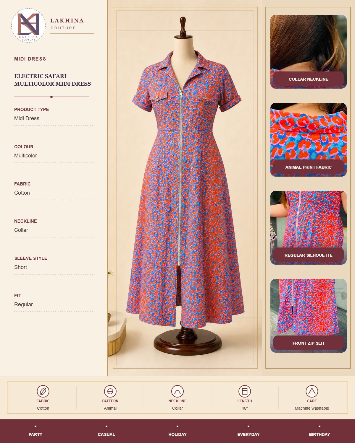 Blue Red Cotton Midi Dress