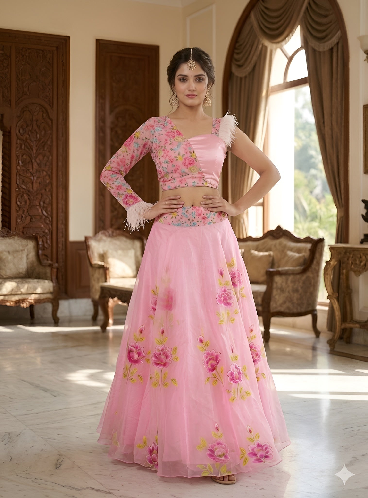 Baby Pink Hand Painted Organza Lehenga | Party Wear | Lakhina Couture