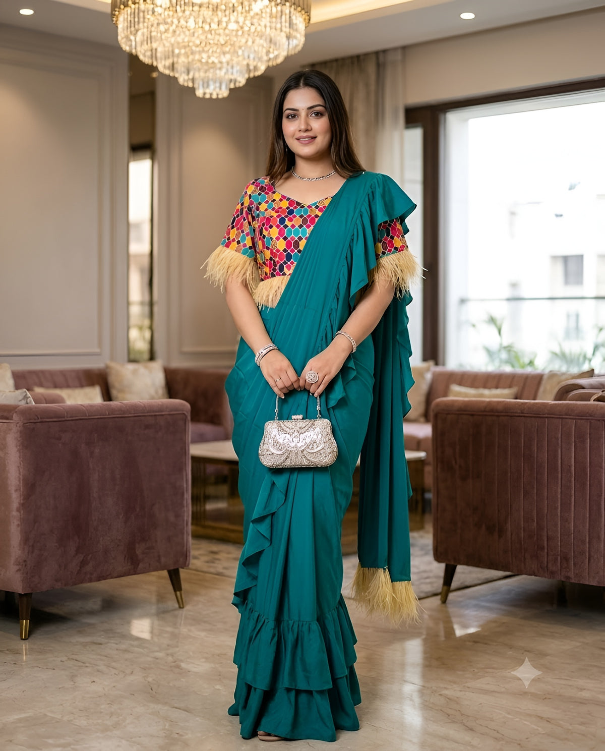 Multicolored Teal Green Saree