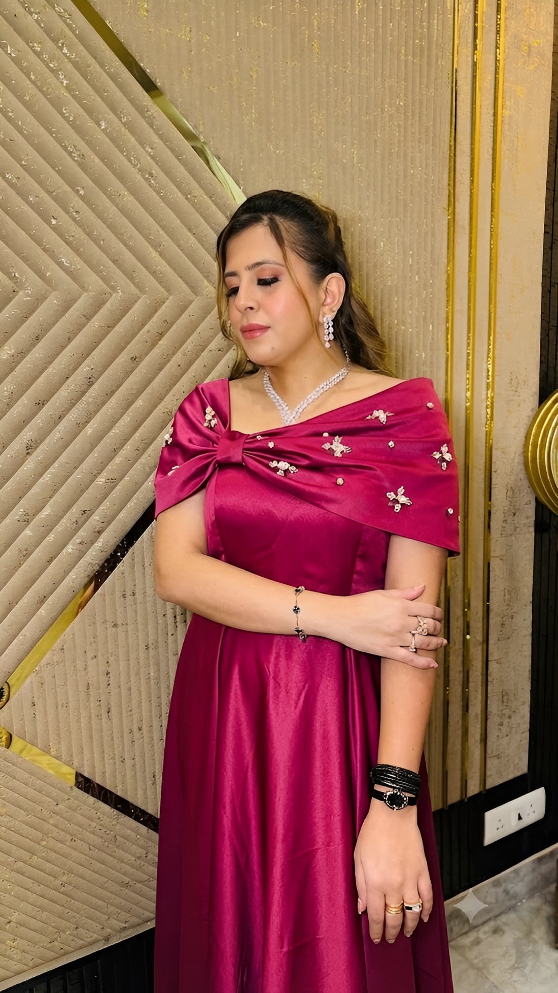 Pearl-Embellished Bow Satin Gown