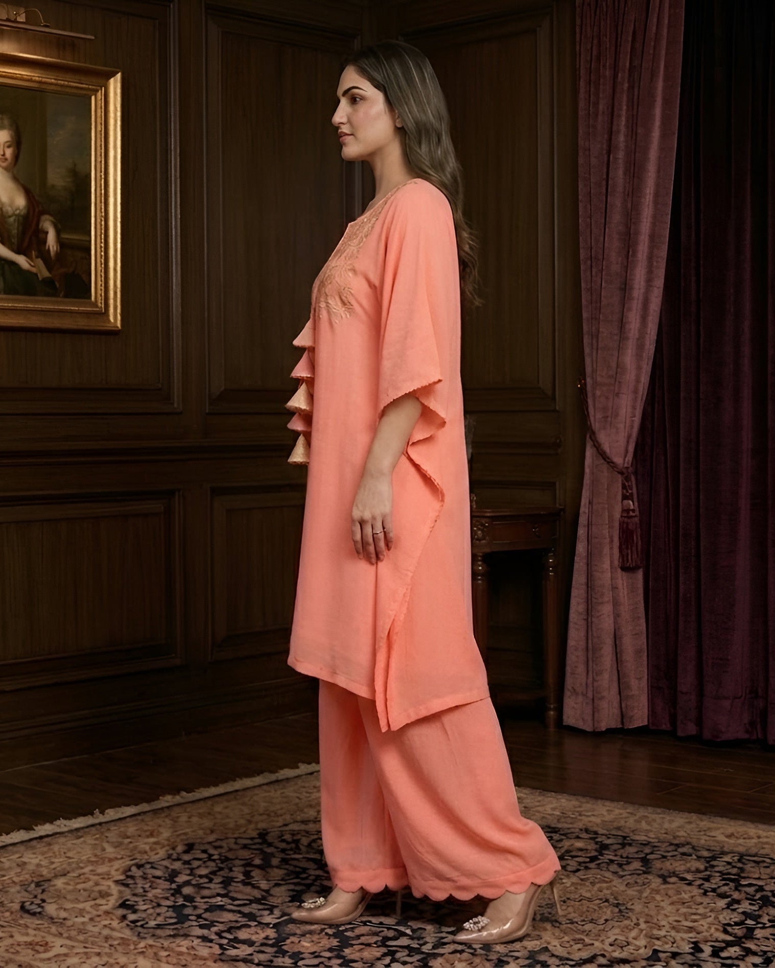 Peach Embroidered Kaftaan Set