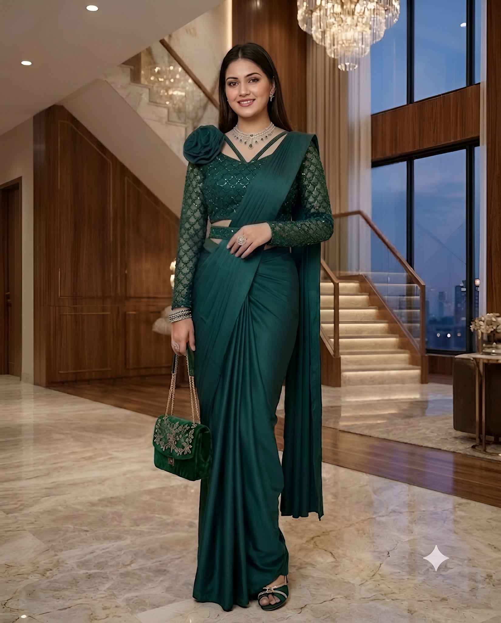 Forest Green Crepe Sequin Saree