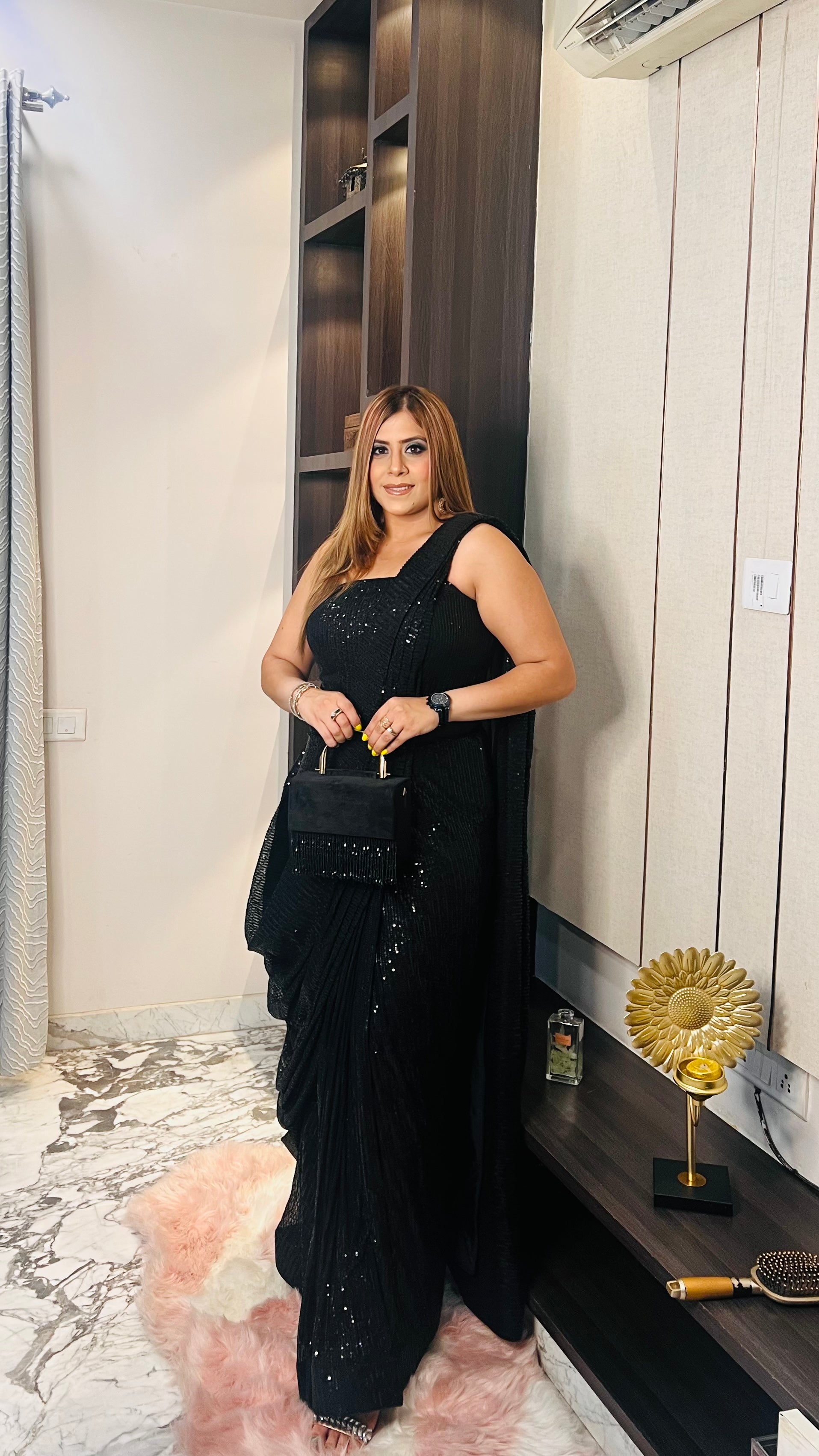 Black Sequin Saree Gown