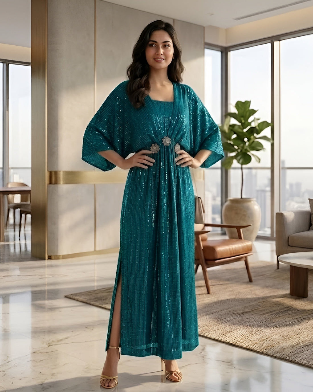 Woman in a teal dress standing in a modern living room with large windows.
