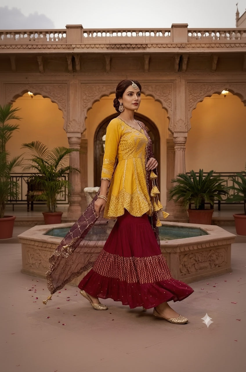 Woman in a yellow and red traditional outfit standing in an ornate courtyard.