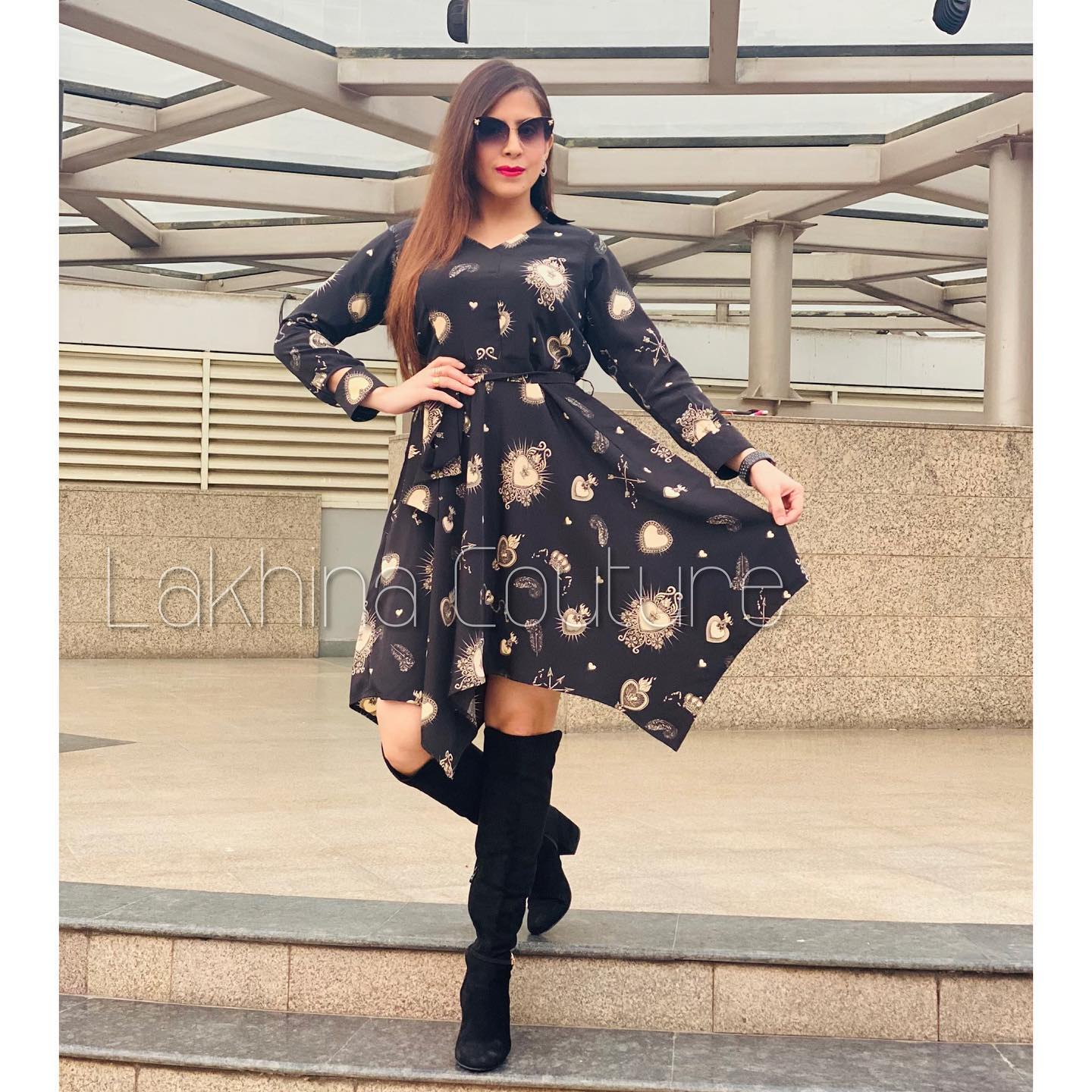Black Asymmetric Satin V-Neck Dress