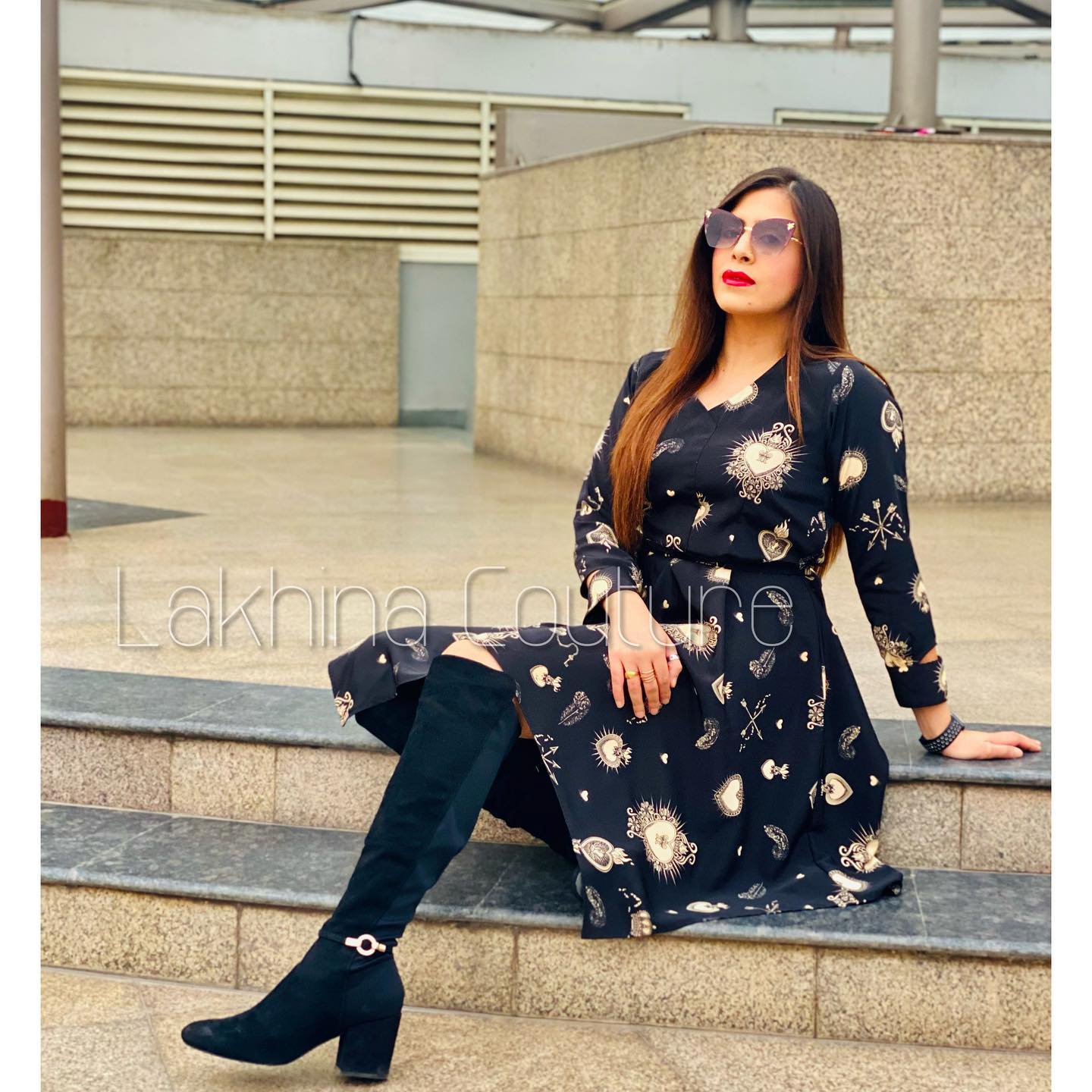 Black Asymmetric Satin V-Neck Dress