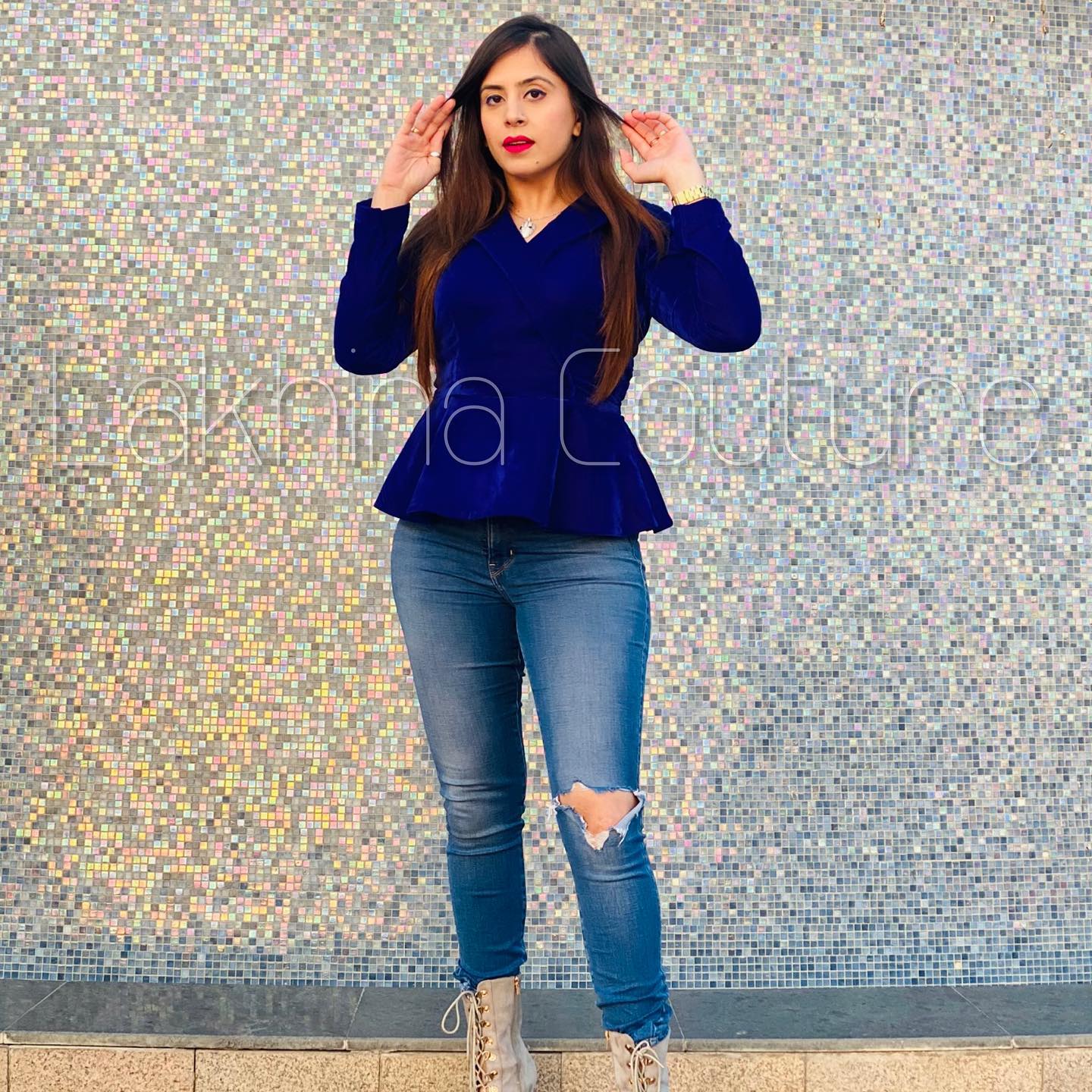 Navy Blue Velvet Peplum Top