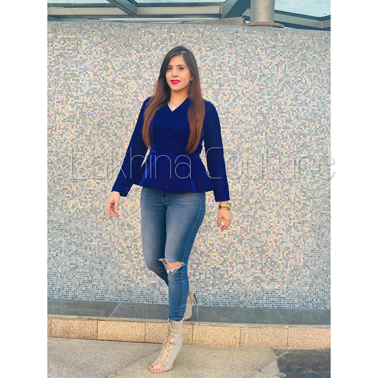 Navy Blue Velvet Peplum Top