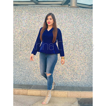 Navy Blue Velvet Peplum Top