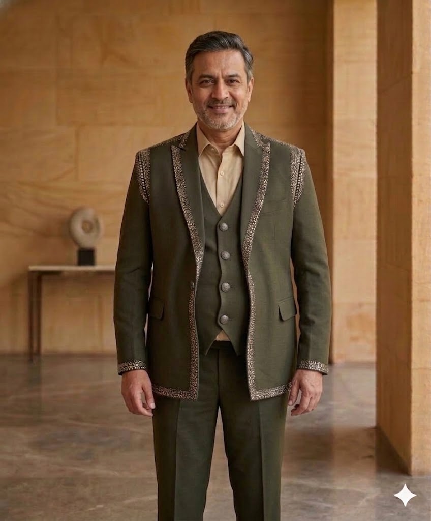 Olive Embellished Shawl Lapel Suit Set
