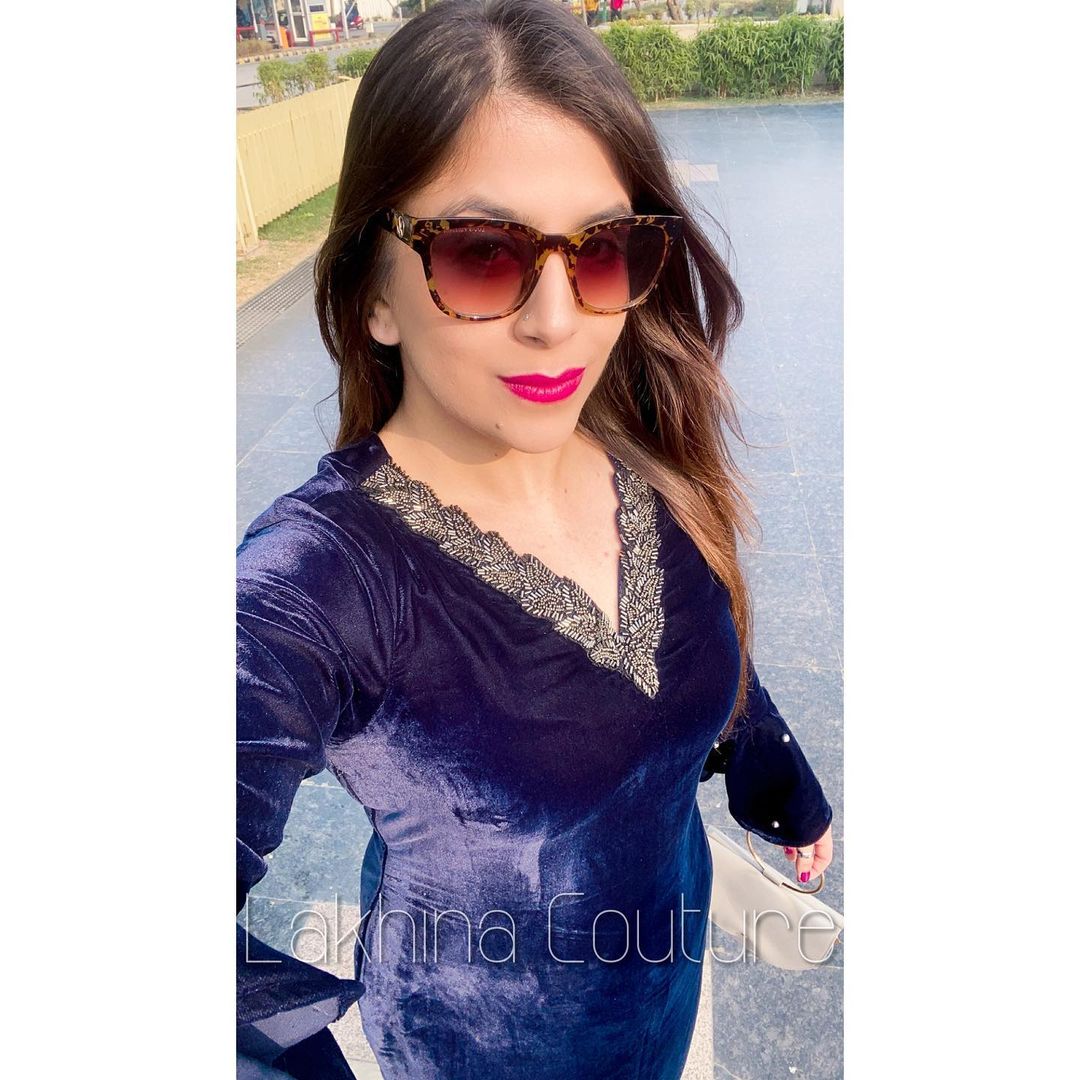 Navy Blue V-Neck Embroidered Dress